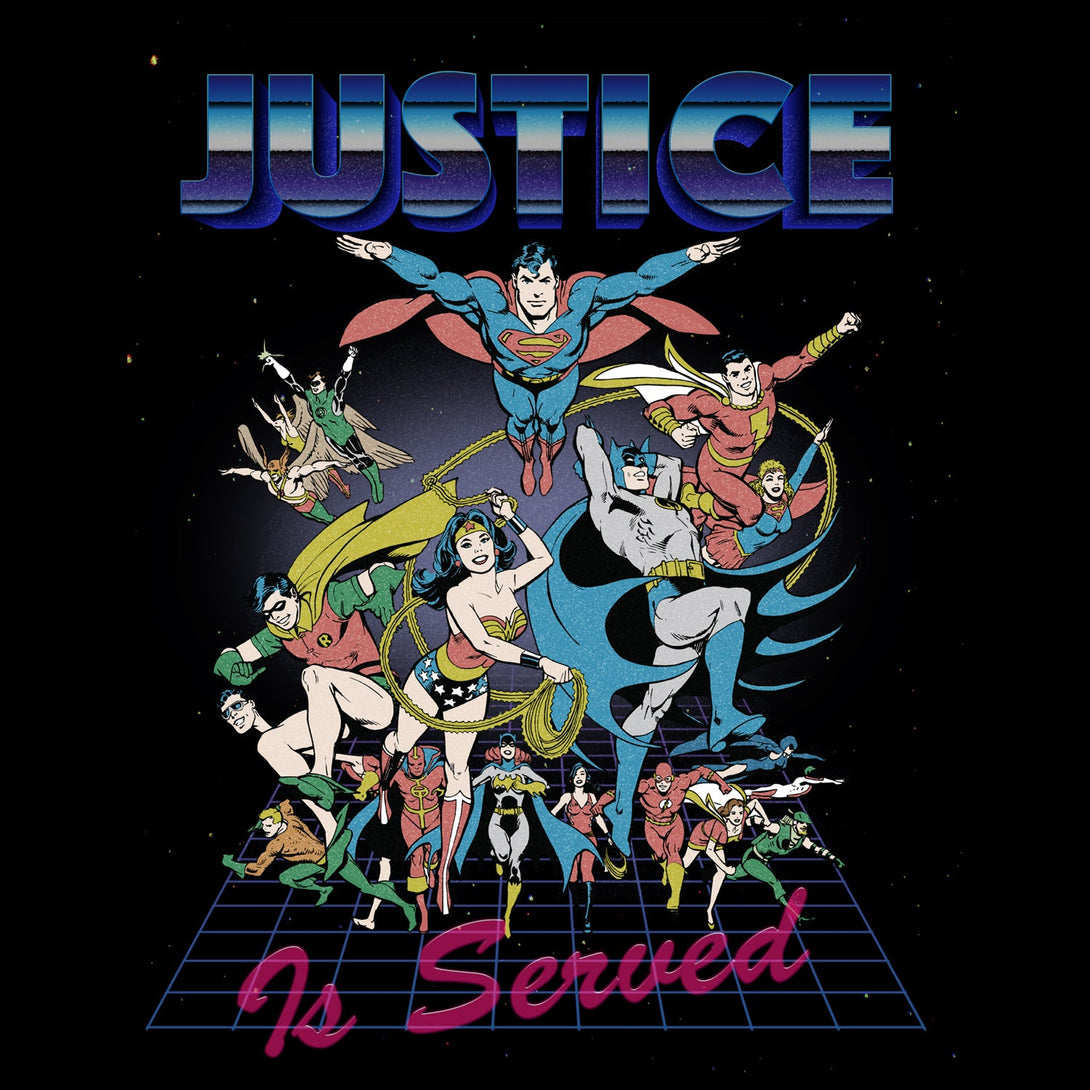 DC Comics Justice League Retro 80s Served Official Women's T-shirt Black - Urban Species Design Close Up