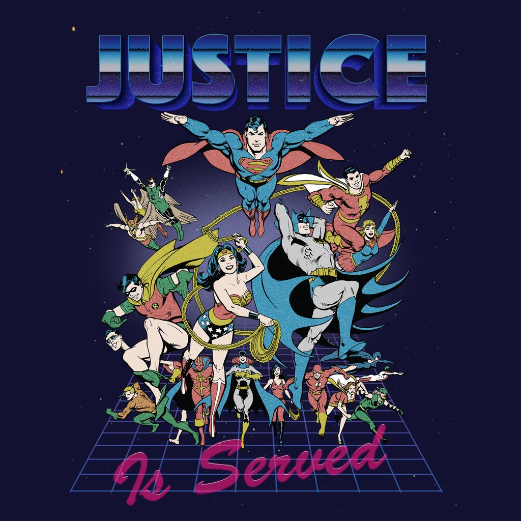 DC Comics Justice League Retro 80s Served Official Women's T-shirt Navy - Urban Species Design Close Up