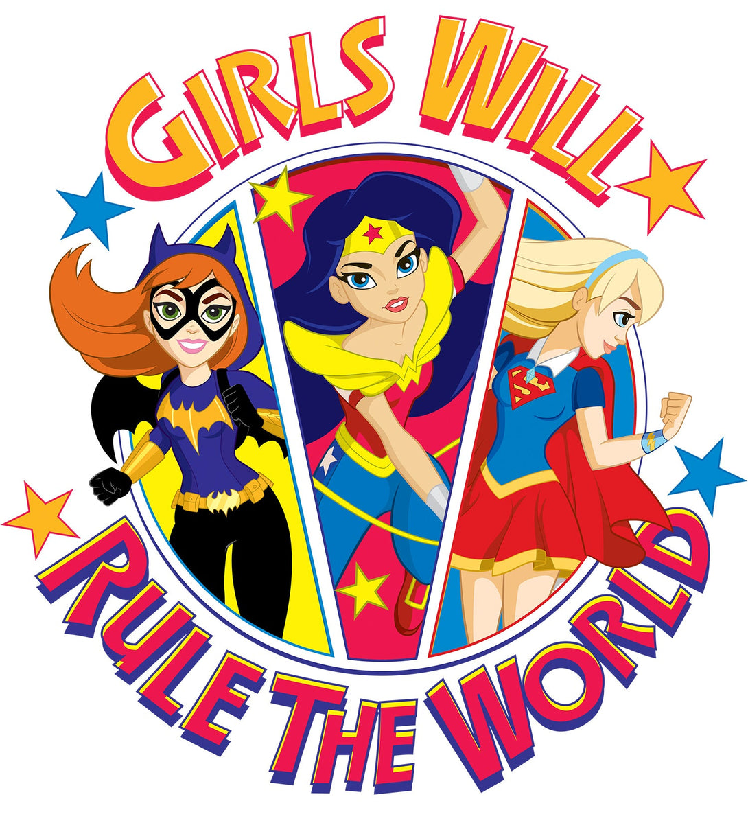 Super Hero Girls Batgirl Wonder Woman Supergirl Rule The World Profile Official Kids T-Shirt (White) - Urban Species Kids Short Sleeved T-Shirt