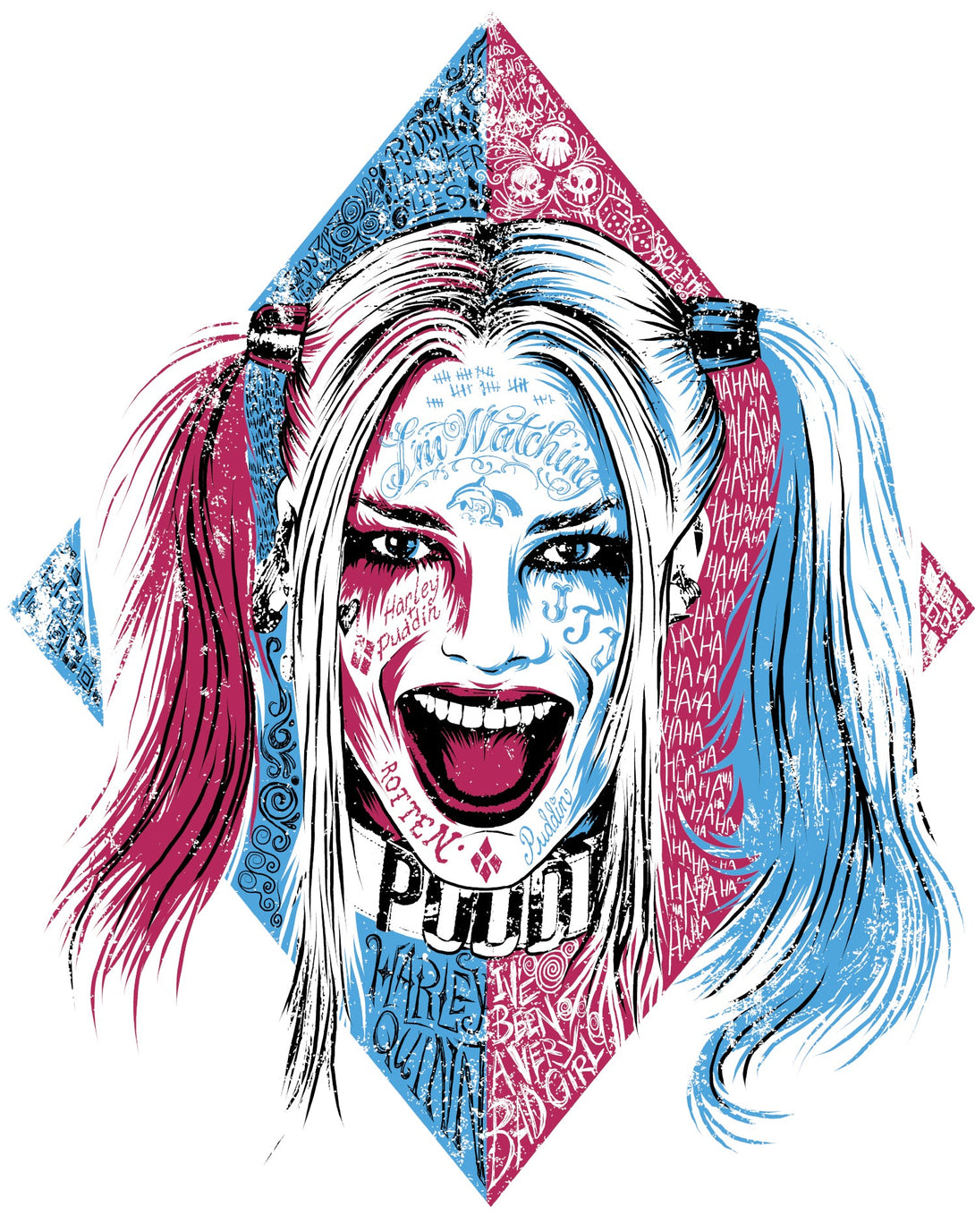 DC Comics Suicide Squad Harley Quinn Lil Face Official Men's T-Shirt White - Urban Species Design Close Up
