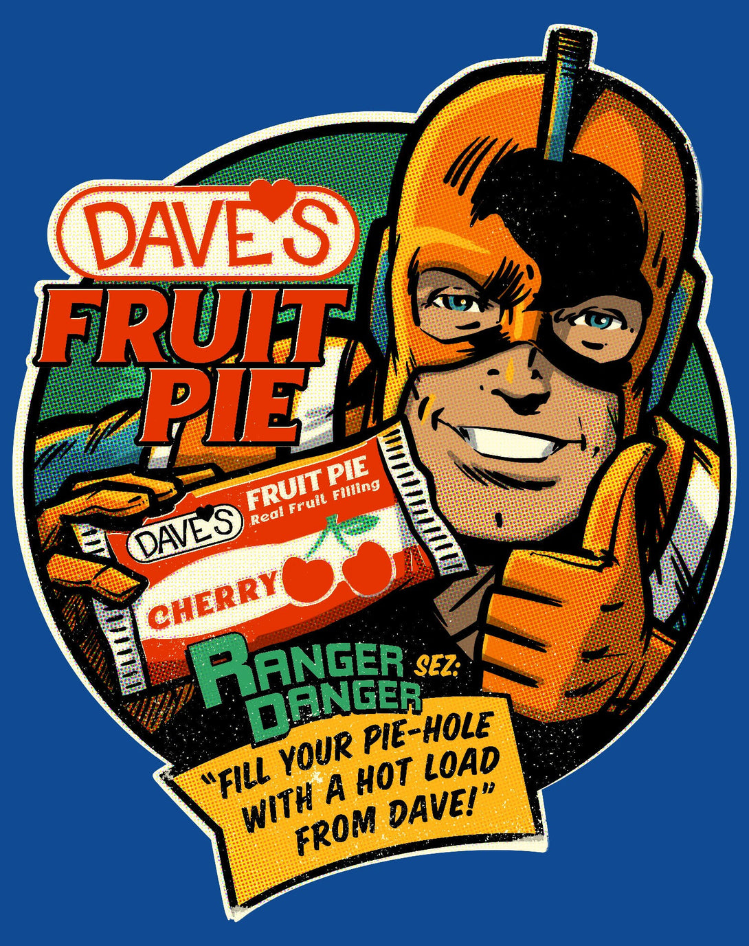 Kevin Smith Clerks 3 Dave's Fruit Pie Ranger Danger Vintage Logo Official Sweatshirt Blue - Urban Species Design Close Up
