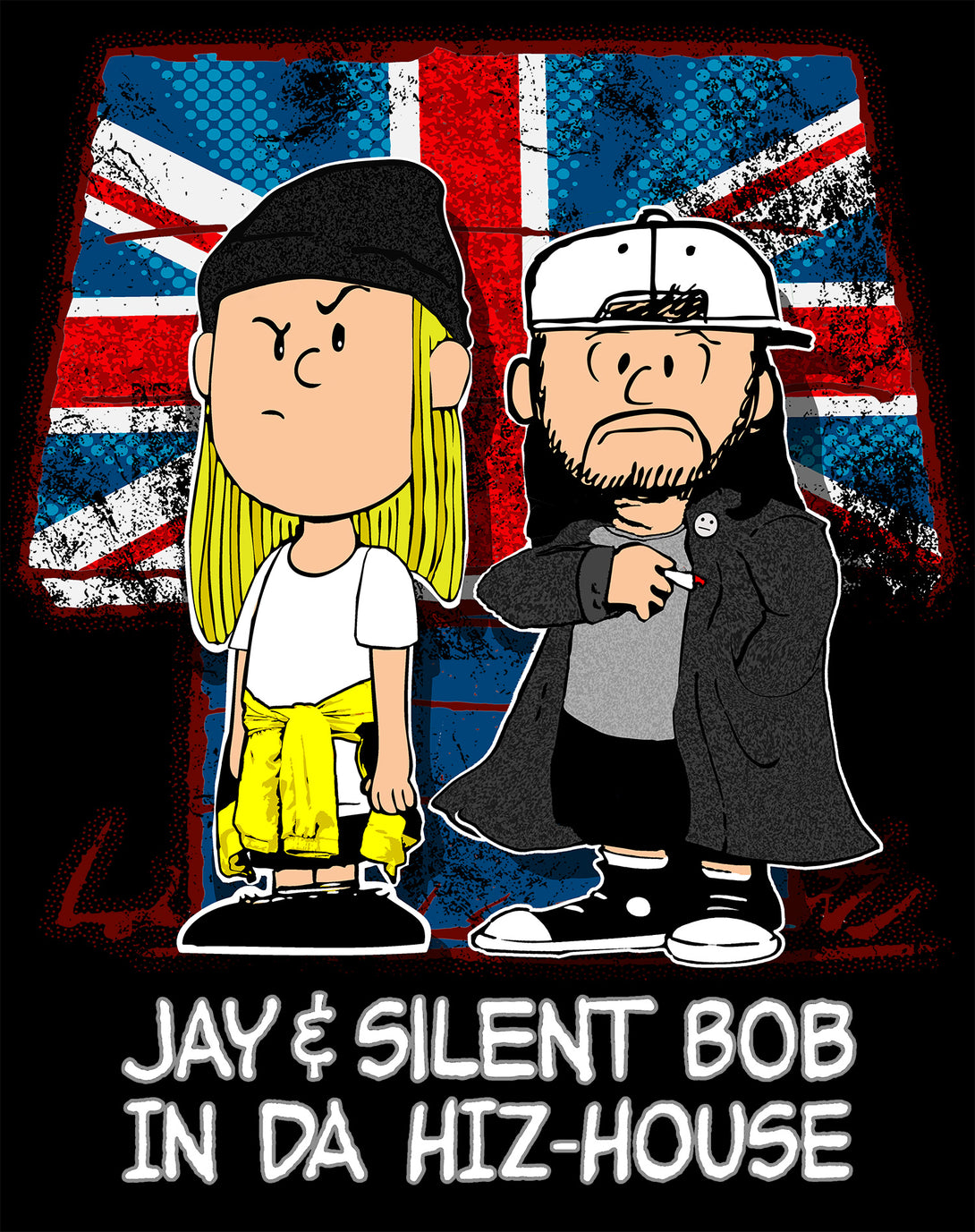 Kevin Smith Jay & Silent Bob-Nuts Remix Da Hiz-House UK Excl Official Men's T-Shirt Black - Urban Species Design Close Up