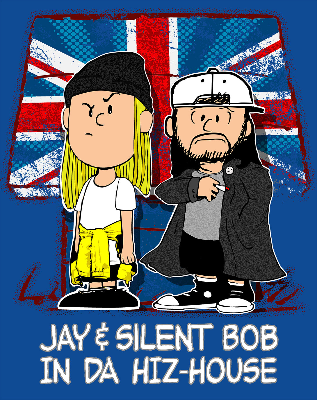 Kevin Smith Jay & Silent Bob-Nuts Remix Da Hiz-House UK Excl Official Men's T-Shirt Blue - Urban Species Design Close Up