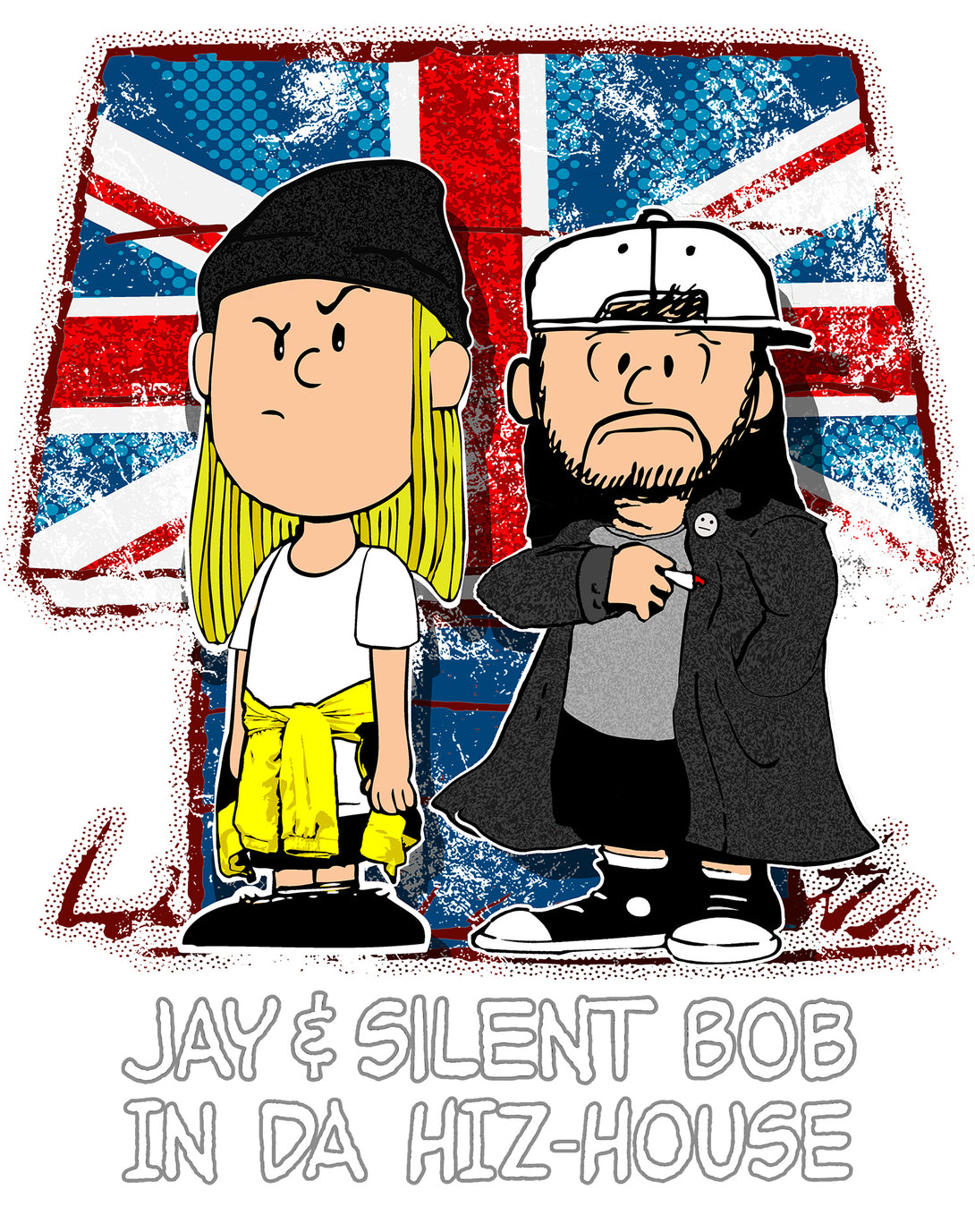 Kevin Smith Jay & Silent Bob-Nuts Remix Da Hiz-House UK Excl Official Men's T-Shirt White - Urban Species Design Close Up