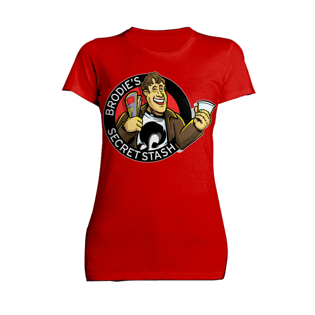 Kevin Smith Jay & Silent Bob Reboot Brodie's Secret Stash Comic Book Store Logo Official Women's T-Shirt Red - Urban Species