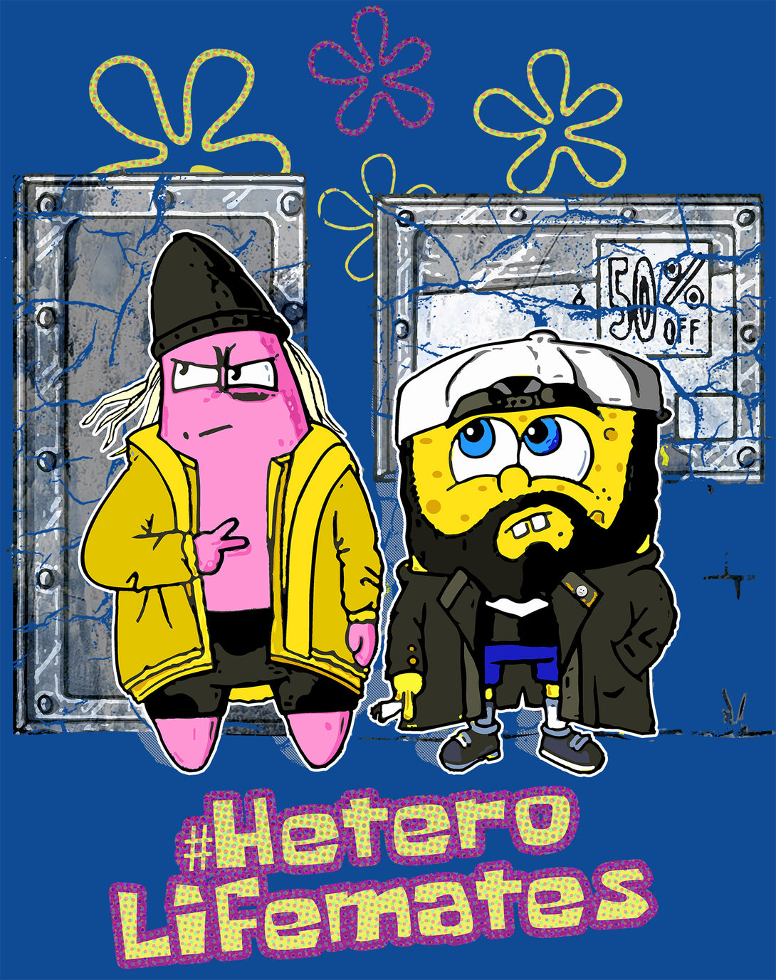 Kevin Smith Jay & Silent Bob Remix Sponge Retro 90s Mashup Official Women's T-Shirt Blue - Urban Species Design Close Up