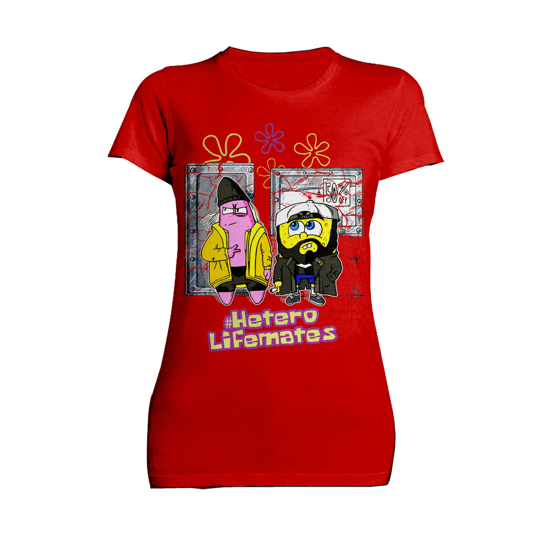 Kevin Smith Jay & Silent Bob Remix Sponge Retro 90s Mashup Official Women's T-Shirt Red - Urban Species