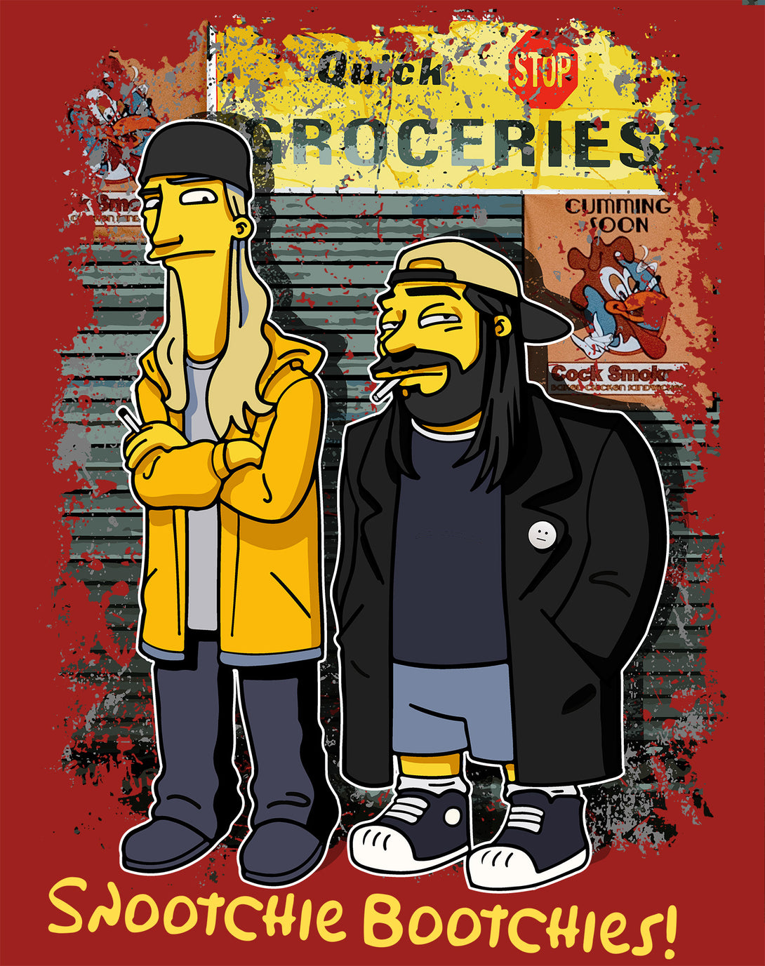 Kevin Smith Jay & Silent Bob Remix Springfield Quick Stop Official Men's T-Shirt Red - Urban Species Design Close Up