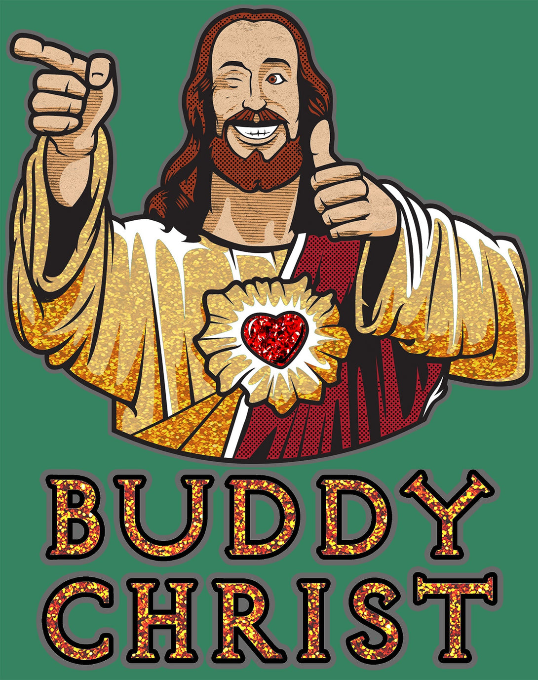 Kevin Smith View Askewniverse Buddy Christ Got Golden Wow Edition Official Women's T-Shirt Green - Urban Species Design Close Up