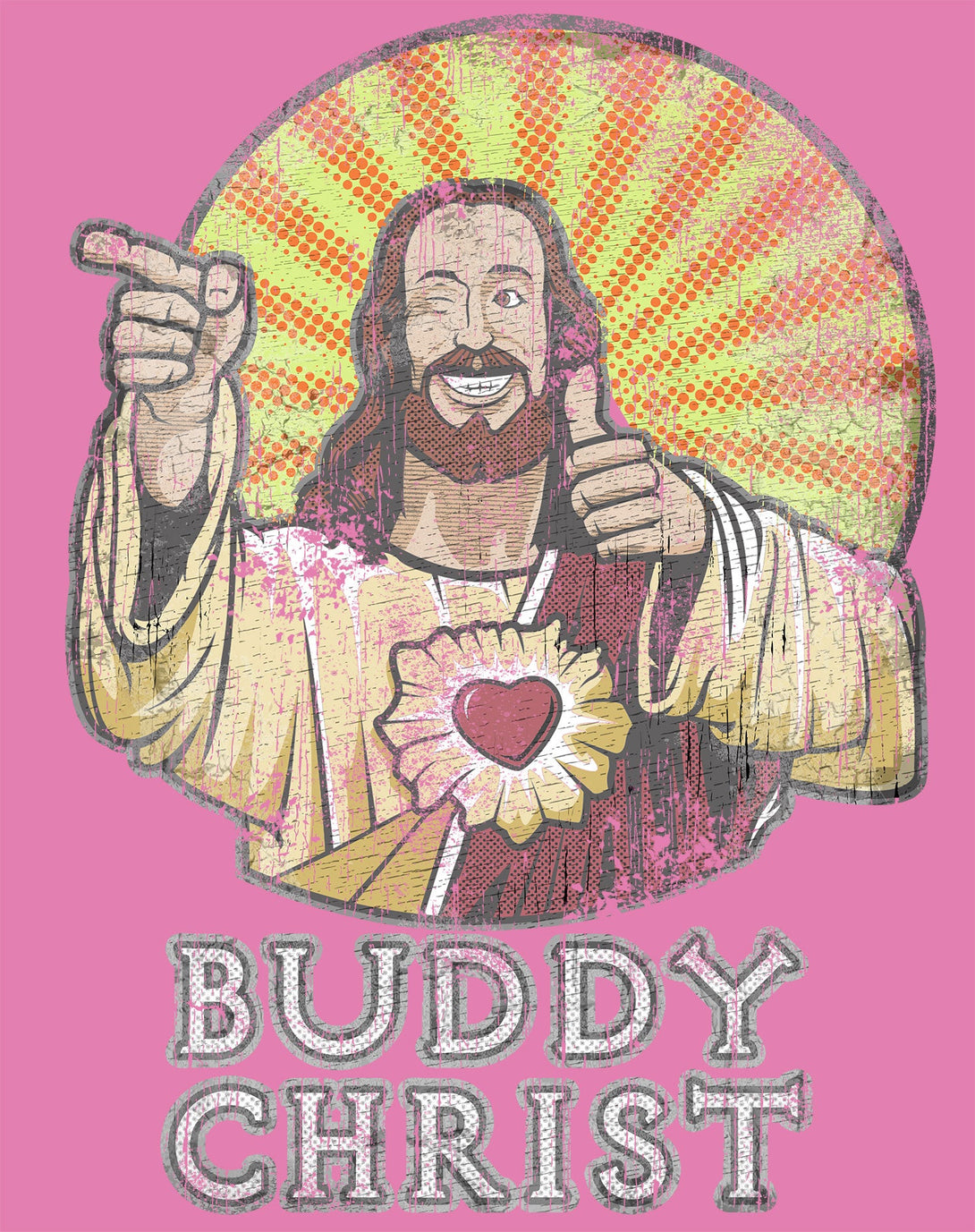 Kevin Smith View Askewniverse Buddy Christ Got Summer Vintage Variant Official Men's T-Shirt Pink - Urban Species Design Close Up