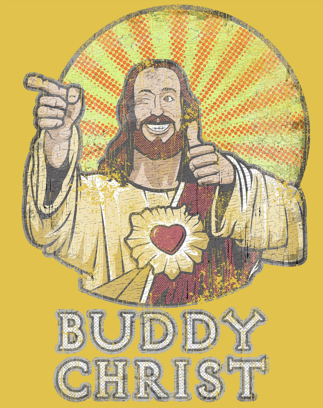 Kevin Smith View Askewniverse Buddy Christ Got Summer Vintage Variant Official Men's T-Shirt Yellow - Urban Species Design Close Up