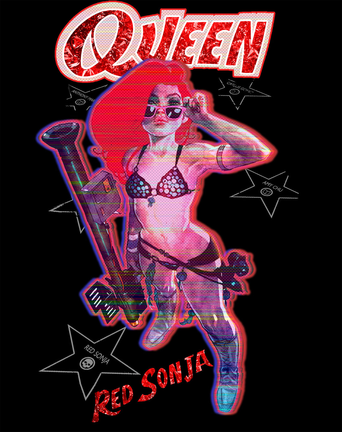 Red Sonja Ben Caldwell Comic Synthwave Queen Glitch Starlet Official Men's T-Shirt Black Design Close Up