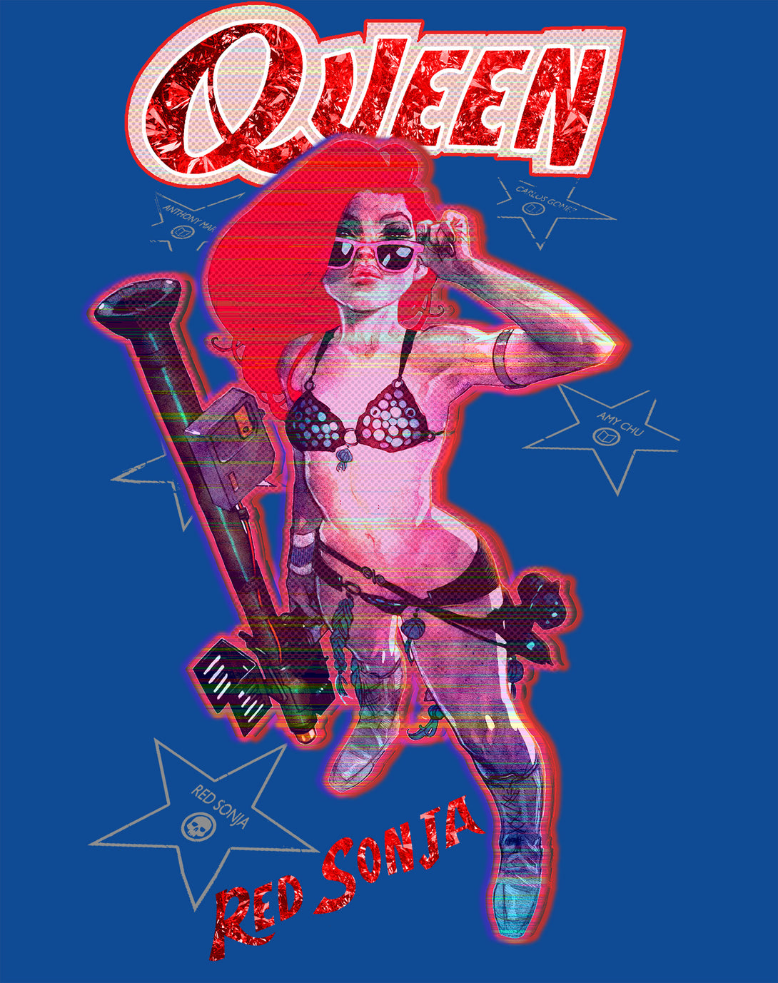 Red Sonja Ben Caldwell Comic Synthwave Queen Glitch Starlet Official Men's T-Shirt Blue Design Close Up
