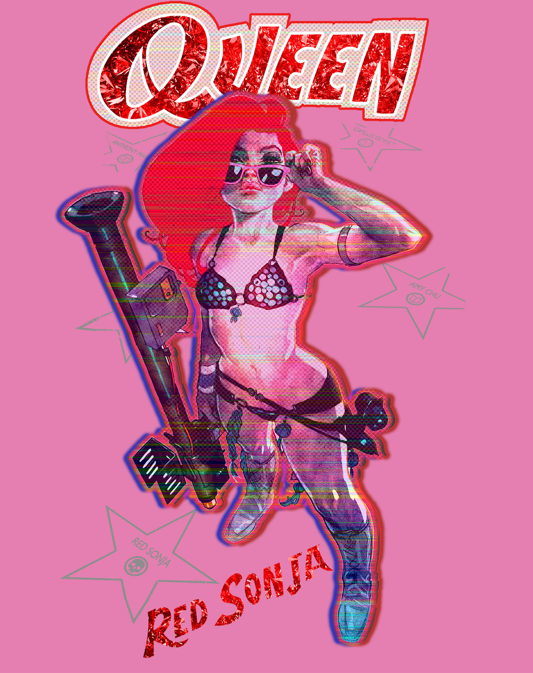 Red Sonja Ben Caldwell Comic Synthwave Queen Glitch Starlet Official Women's T-Shirt Pink Design Closeup