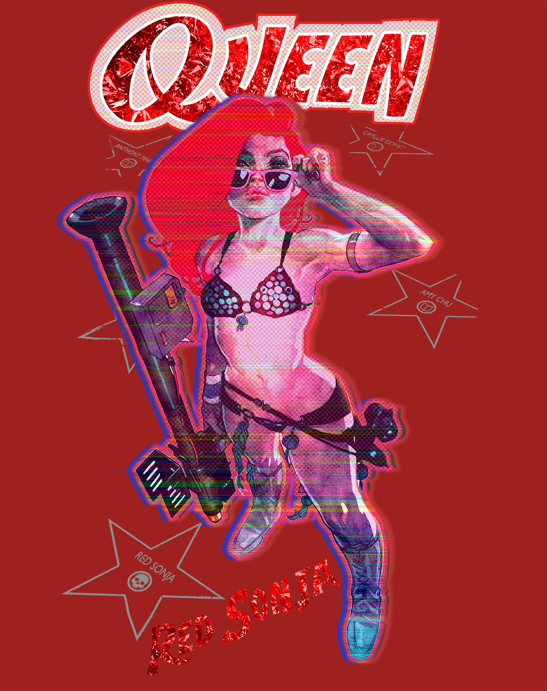 Red Sonja Ben Caldwell Comic Synthwave Queen Glitch Starlet Official Men's T-Shirt Red Design Close Up