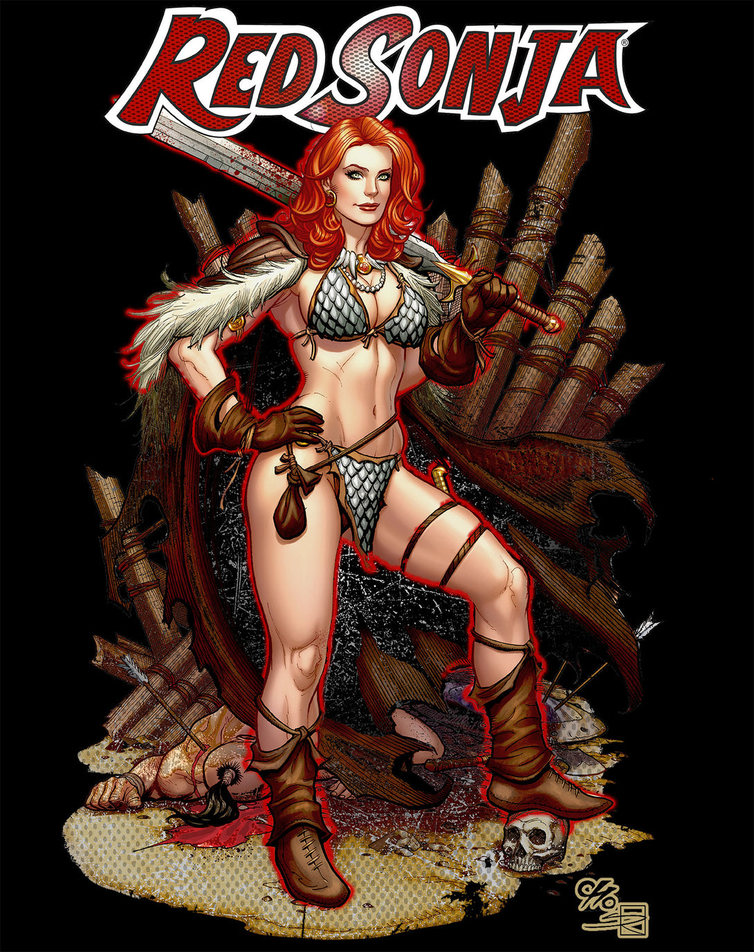 Red Sonja Frank Cho Comic Cover Art Hyrkania Warrior Queen Official Men's T-Shirt Black Design Closeup