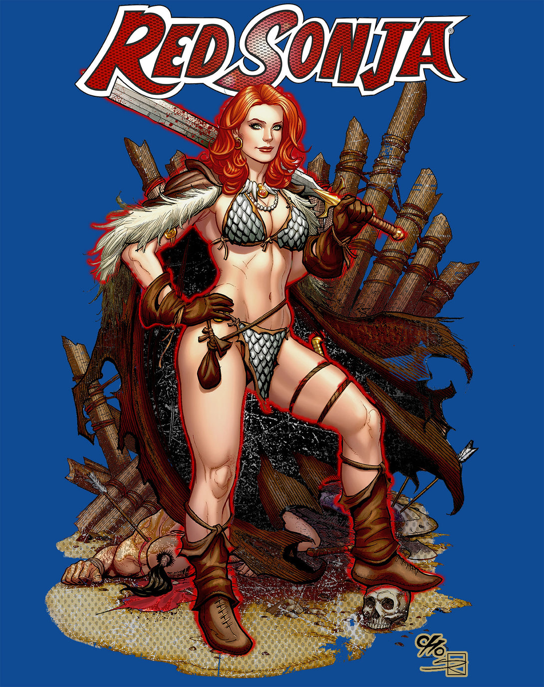 Red Sonja Frank Cho Comic Cover Art Hyrkania Warrior Queen Official Men's T-Shirt Blue Design Closeup