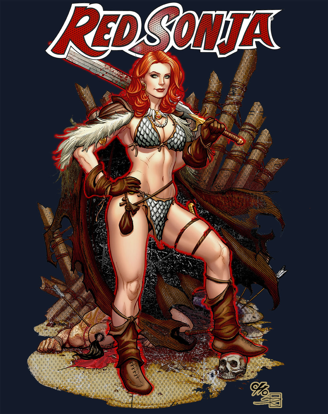 Red Sonja Frank Cho Comic Cover Art Hyrkania Warrior Queen Official Women's T-Shirt Navy Design Closeup