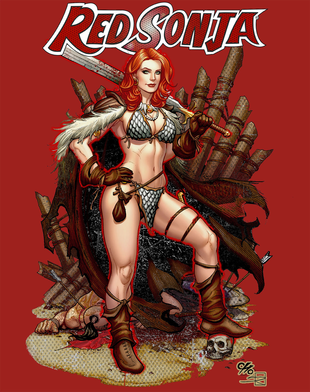 Red Sonja Frank Cho Comic Cover Art Hyrkania Warrior Queen Official Men's T-Shirt Red Design Closeup