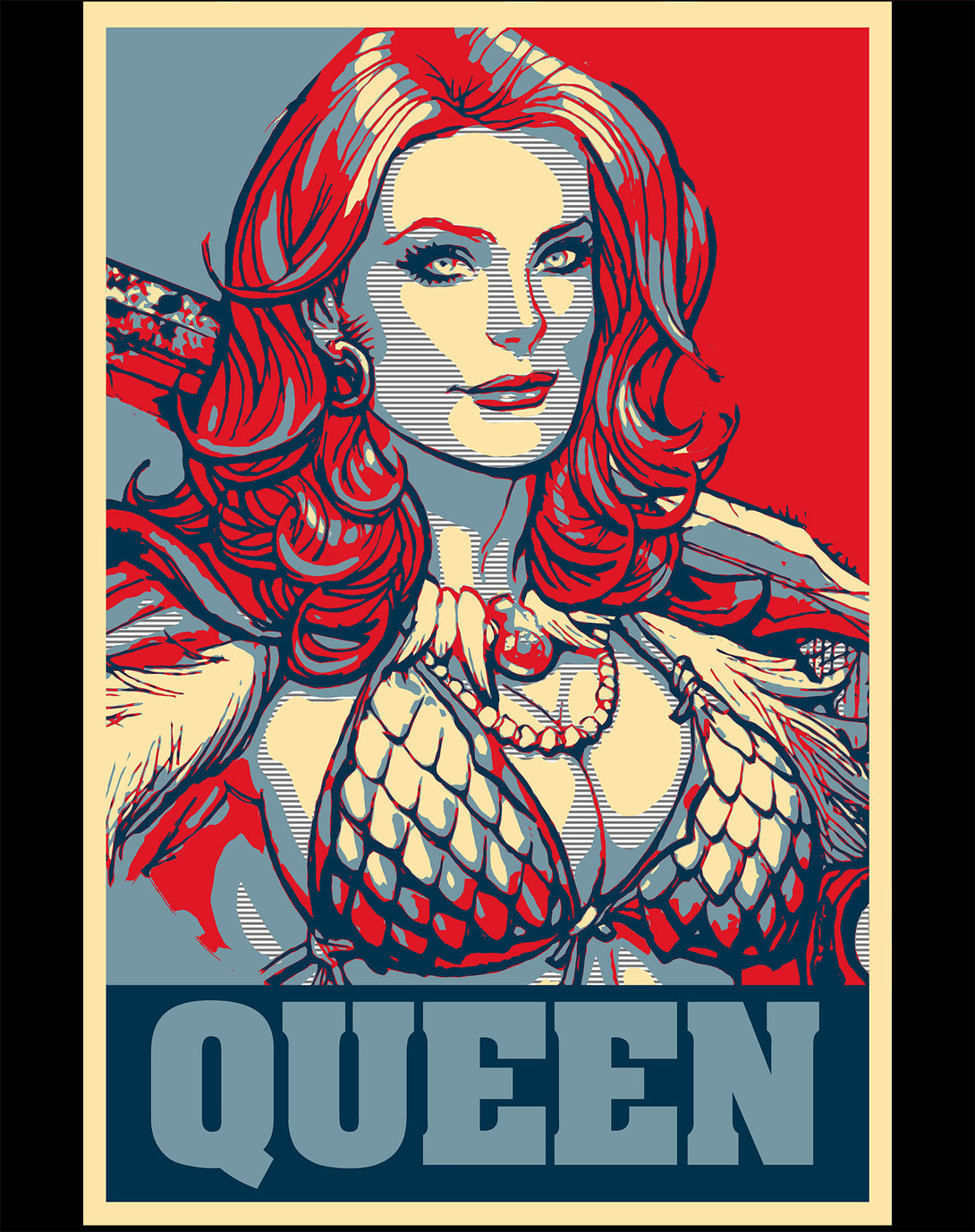 Red Sonja Frank Cho Propaganda Icon Redhead Queens Crusade Official Women's T-Shirt Black Design Closeup