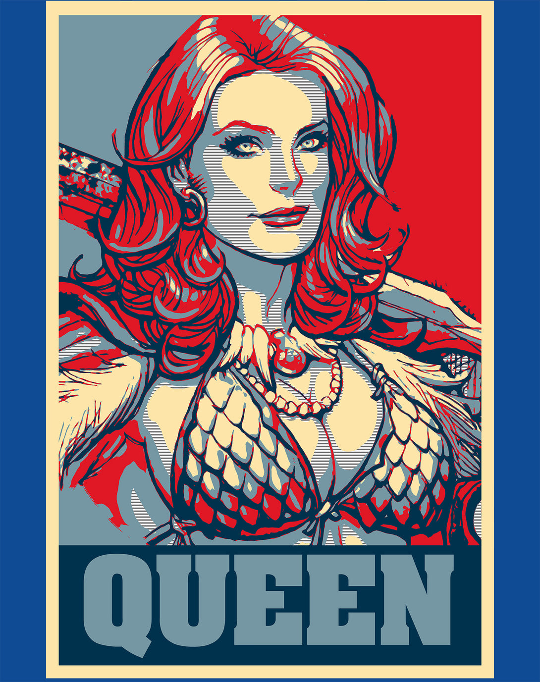 Red Sonja Frank Cho Propaganda Icon Redhead Queens Crusade Official Women's T-Shirt Blue Design Closeup