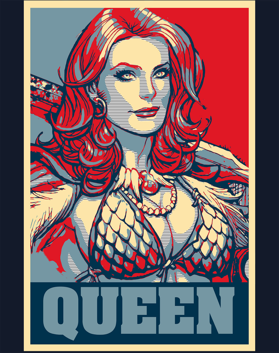  Red Sonja Frank Cho Propaganda Icon Redhead Queens Crusade Official Men's T-Shirt Navy Design Closeup