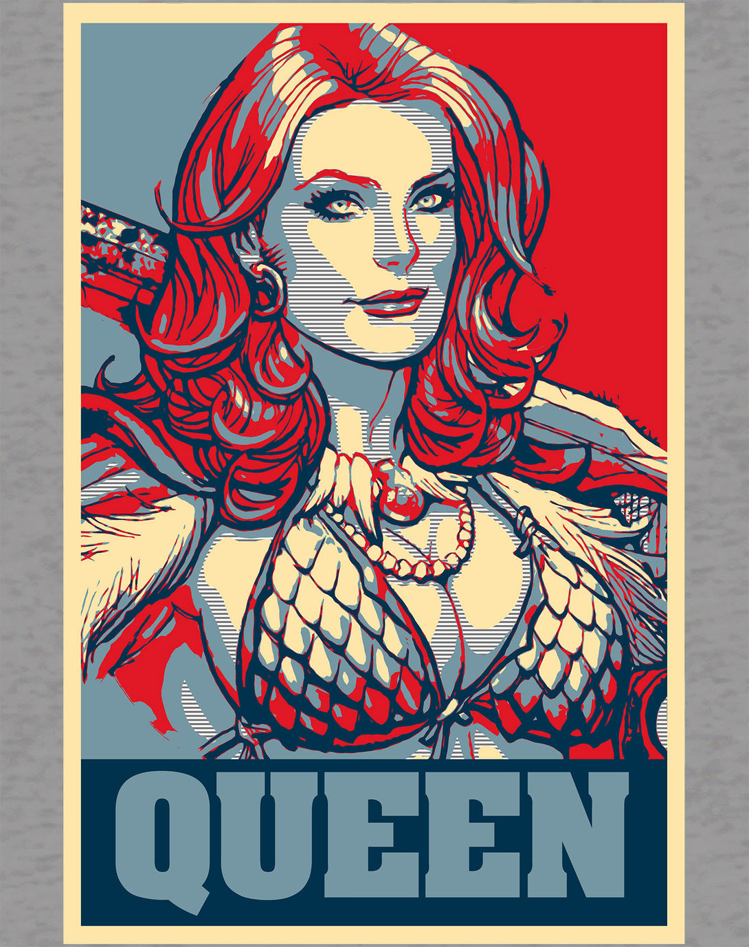 Red Sonja Frank Cho Propaganda Icon Redhead Queens Crusade Official Women's T-Shirt Sports Grey Design Closeup