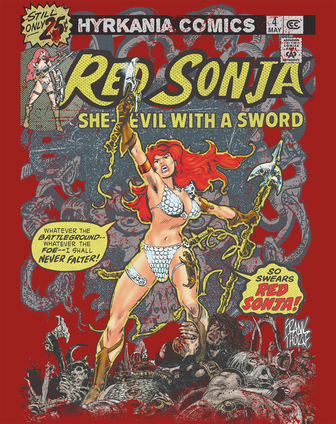 Red Sonja Frank Thorne Comic Legends Cover 4 Retro Vintage Official Men's T-Shirt Red Design Closeup