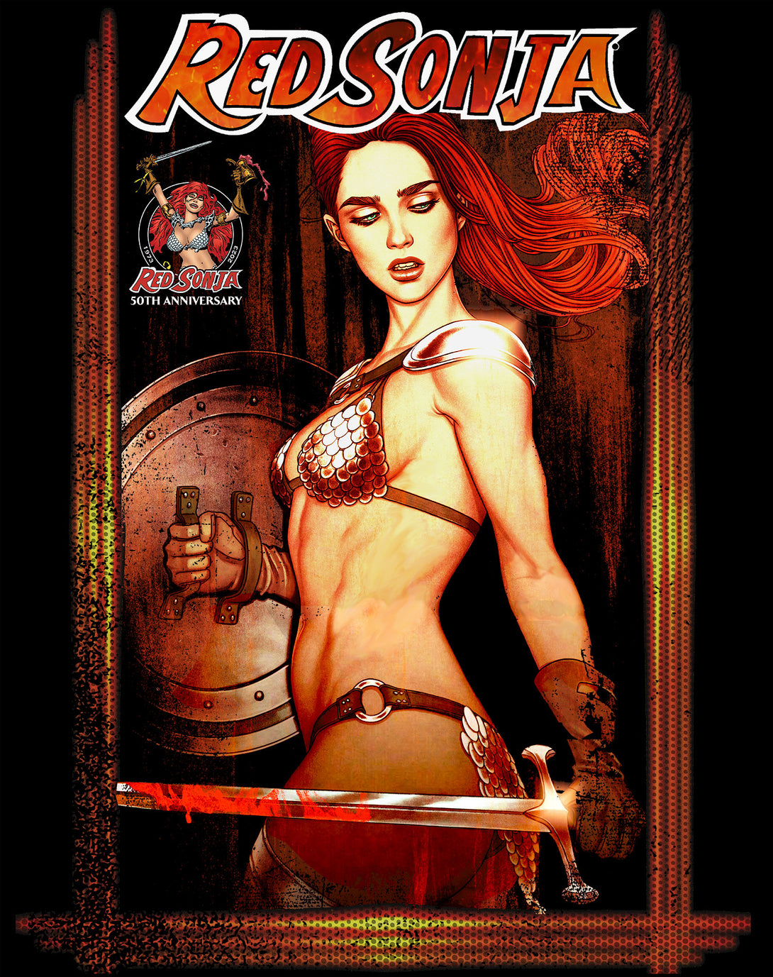 Red Sonja Jenny Frison Comic Cover Art Warrior Queen Sword Official Sweatshirt Black Design Closeup