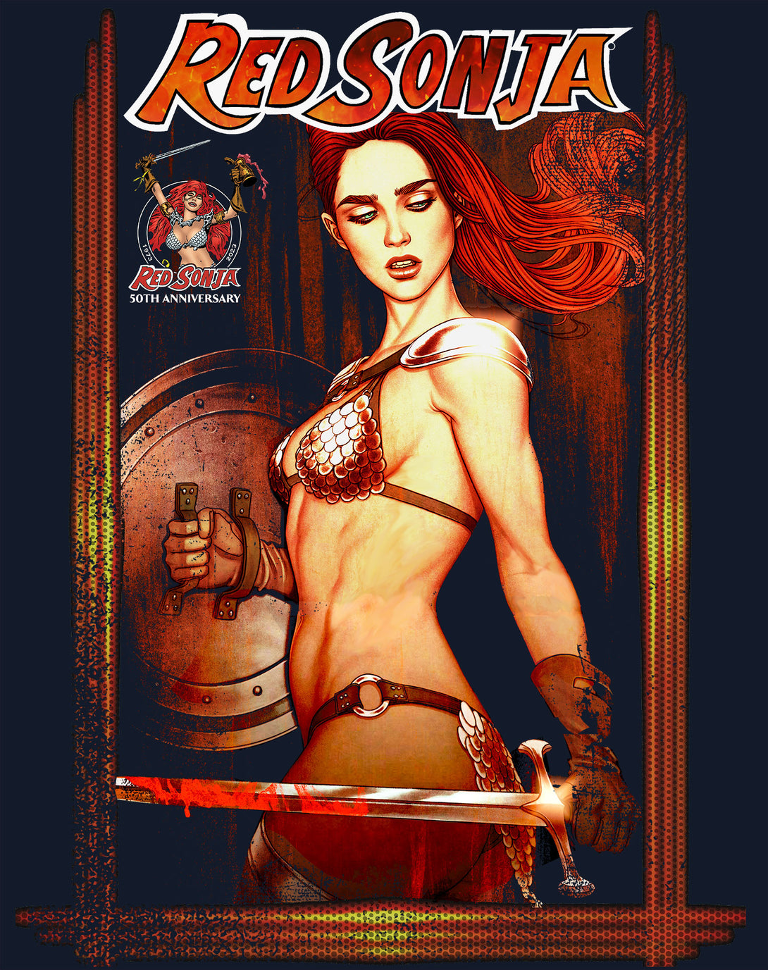 Red Sonja Jenny Frison Comic Cover Art Warrior Queen Sword Official Men's T-Shirt Navy Design Closeup