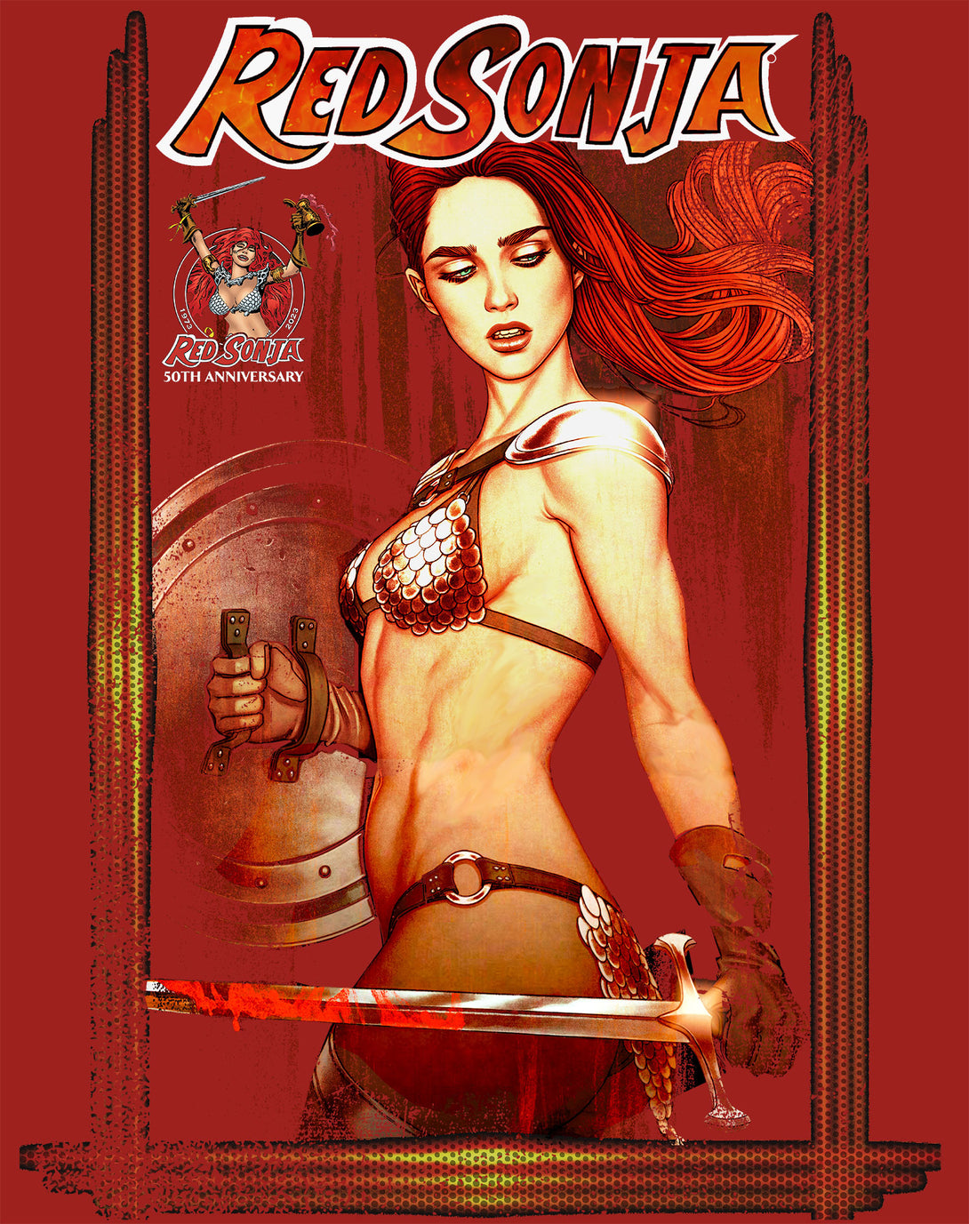  Red Sonja Jenny Frison Comic Cover Art Warrior Queen Sword Official Men's T-Shirt Red Design Closeup