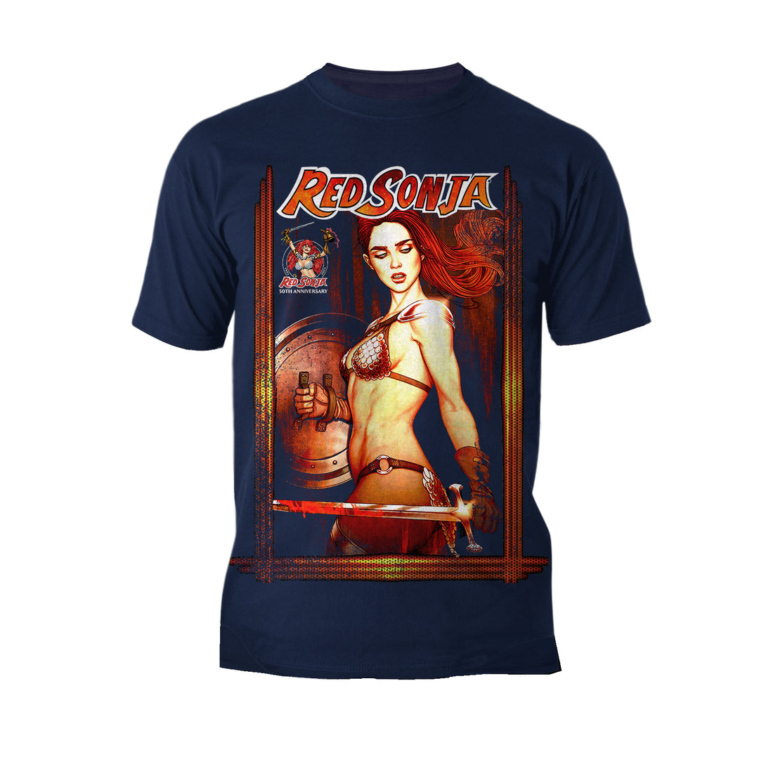 Red Sonja Jenny Frison Comic Cover Art Warrior Queen Sword Official Men's T-Shirt Navy