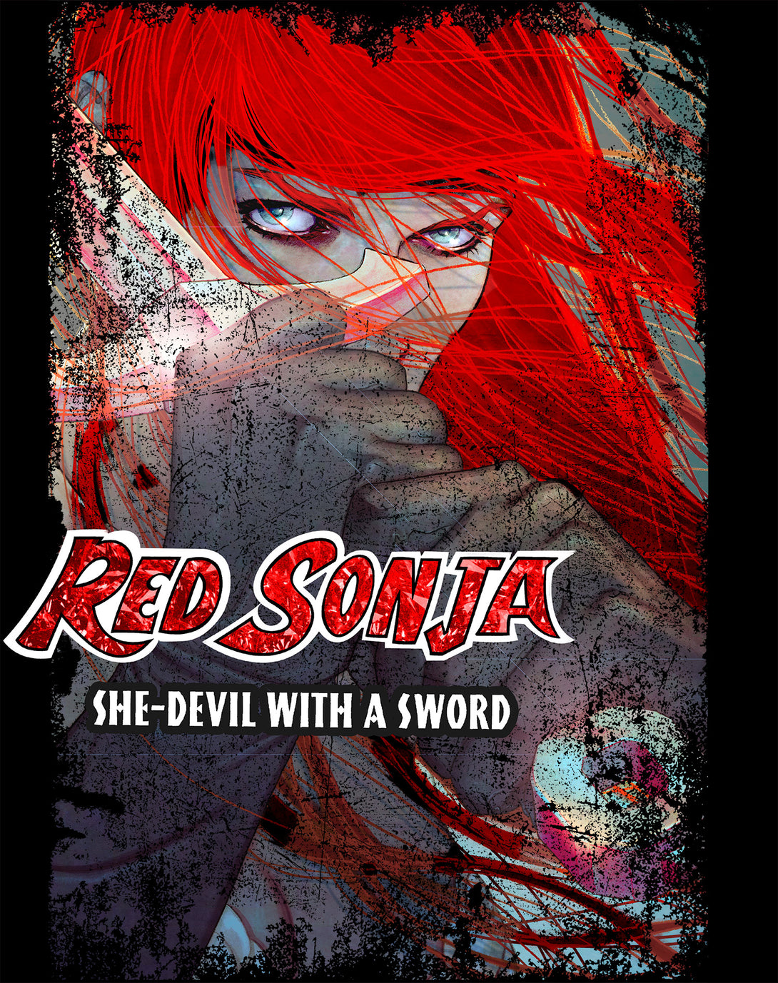 Red Sonja Jenny Frison Comic Cover She-Devil Sword Warrior Official Women's T-Shirt Black Design Closeup