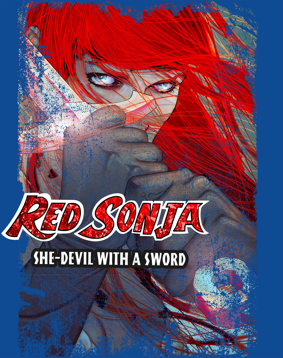 Red Sonja Jenny Frison Comic Cover She-Devil Sword Warrior Official Sweatshirt Blue Design Closeup