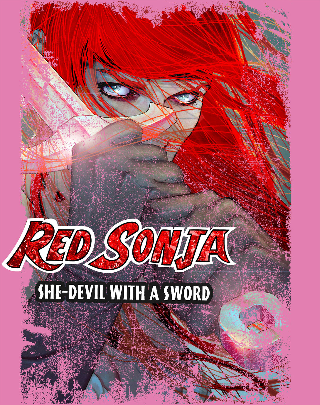 Red Sonja Jenny Frison Comic Cover She-Devil Sword Warrior Official Women's T-Shirt Pink Design Closeup