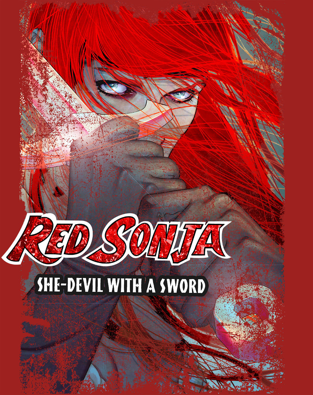 Red Sonja Jenny Frison Comic Cover She-Devil Sword Warrior Official Women's T-Shirt Red Design Closeup