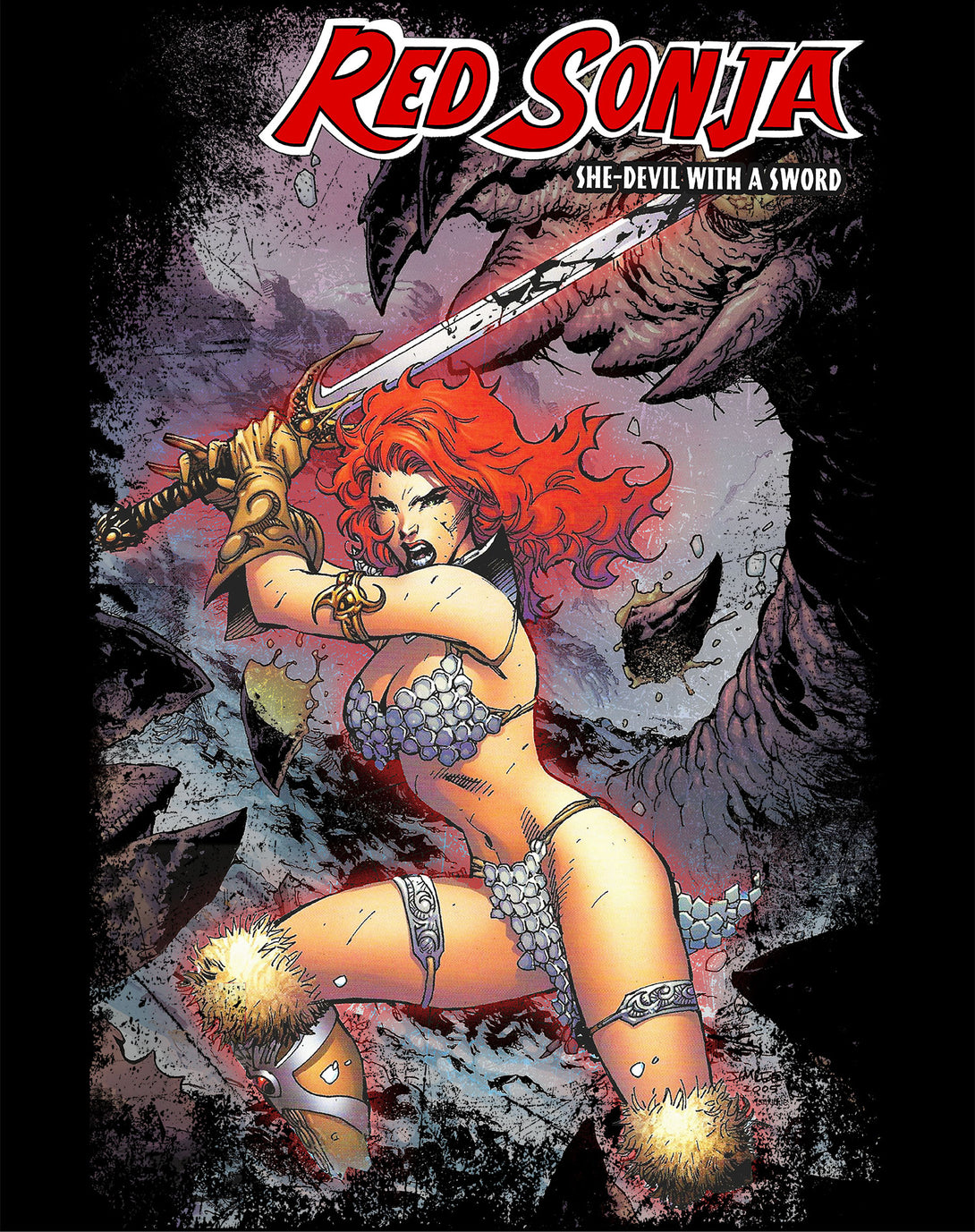 Red Sonja Jim Lee Comic Cover She-Devil Sword Warrior Queen Official Men's T-Shirt Black Design Closeup