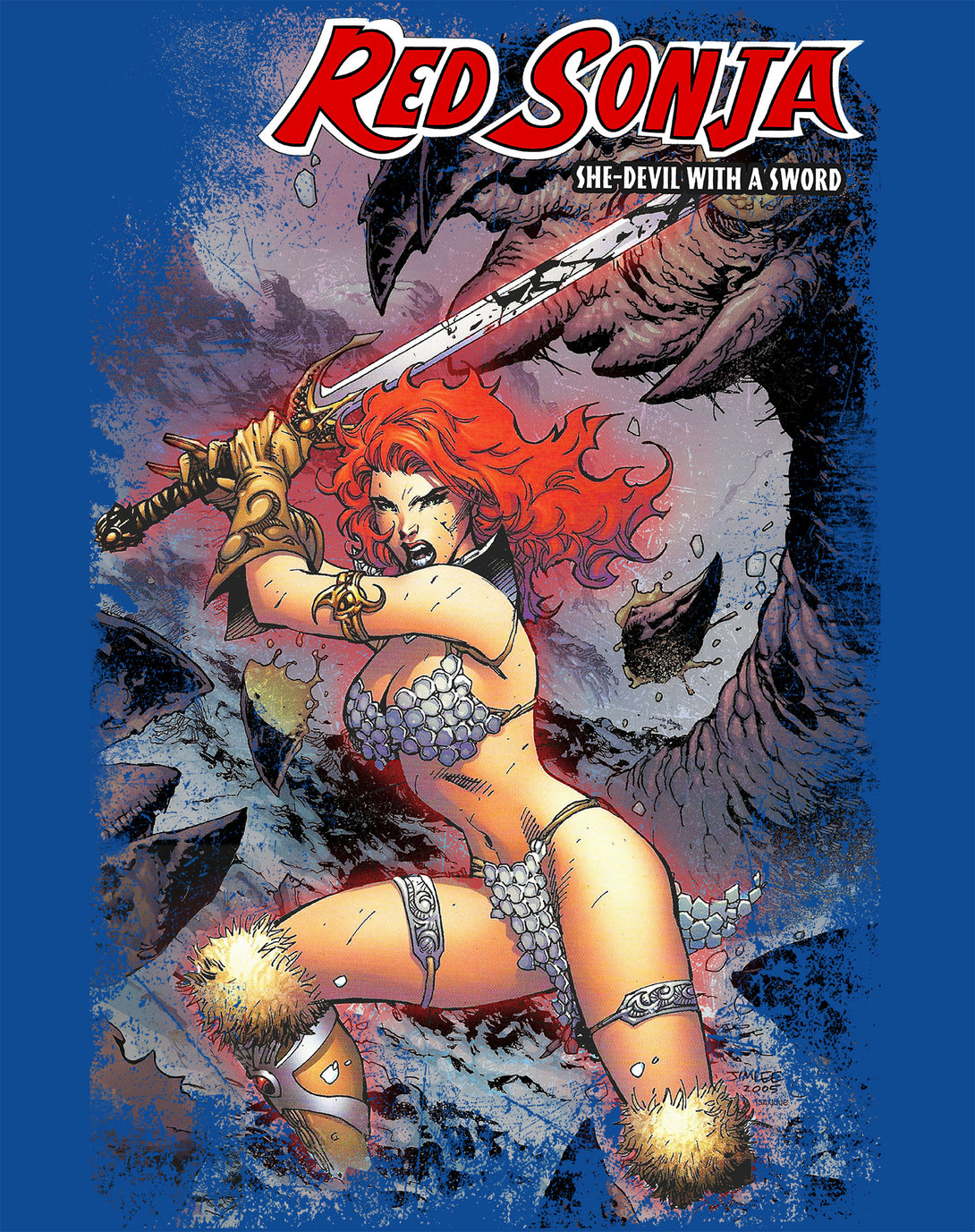 Red Sonja Jim Lee Comic Cover She-Devil Sword Warrior Queen Official Men's T-Shirt Blue Design Closeup