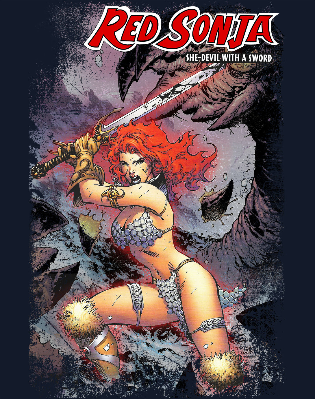 Red Sonja Jim Lee Comic Cover She-Devil Sword Warrior Queen Official Women's T-Shirt Navy Design Closeup