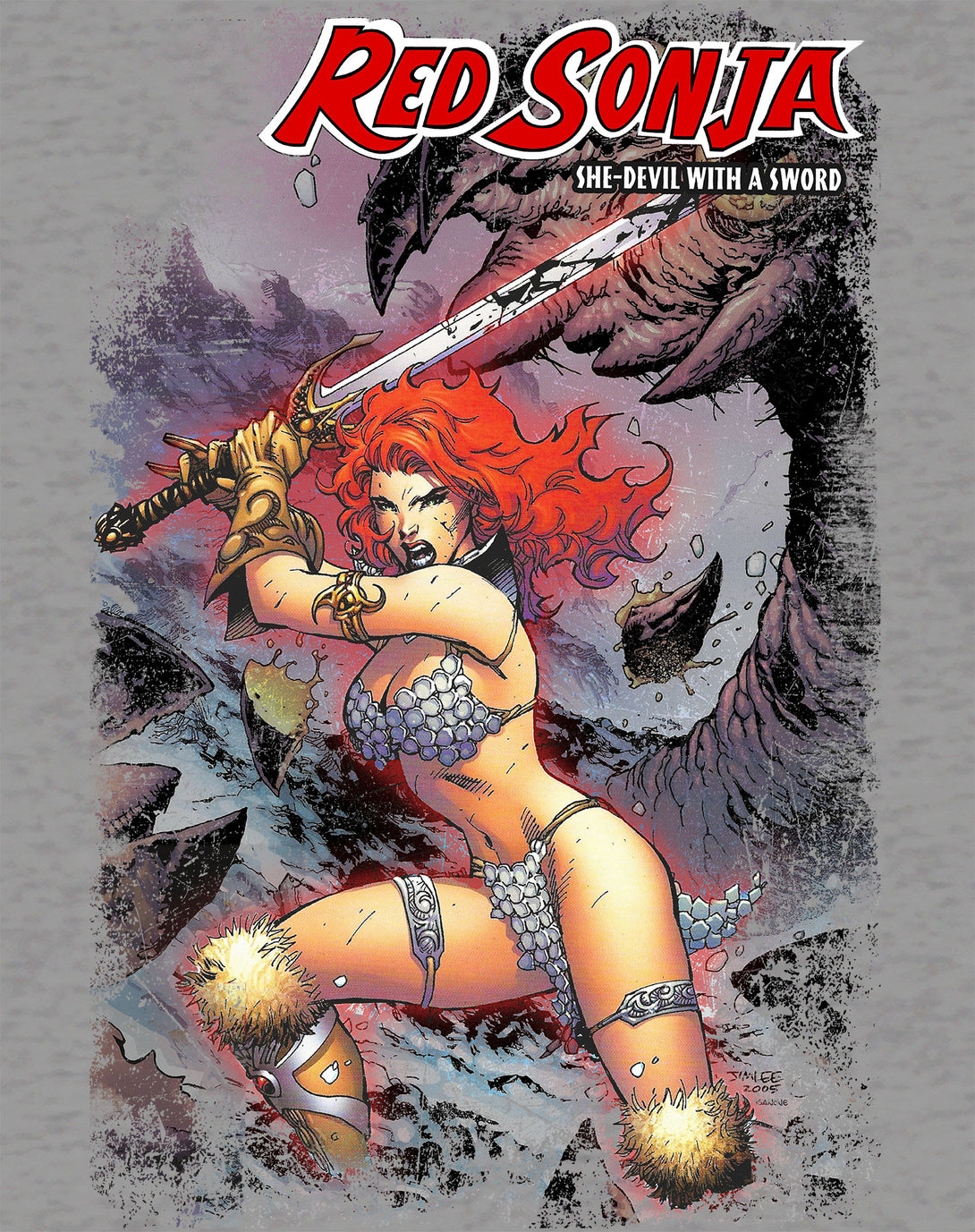 Red Sonja Jim Lee Comic Cover She-Devil Sword Warrior Queen Official Men's T-Shirt Sports Grey Design Closeup