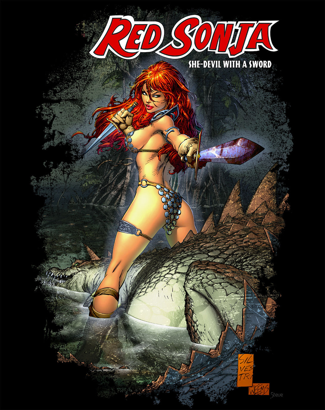 Red Sonja Marc Silvestri Comic Cover She-Devil Warrior Woman Official Women's T-Shirt Black Design Closeup