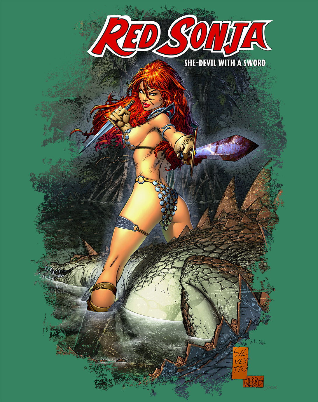 Red Sonja Marc Silvestri Comic Cover She-Devil Warrior Woman Official Women's T-Shirt Green Design Closeup