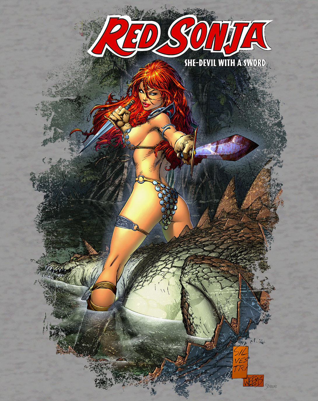 Red Sonja Marc Silvestri Comic Cover She-Devil Warrior Woman Official Women's T-Shirt Sports Grey Design Closeup