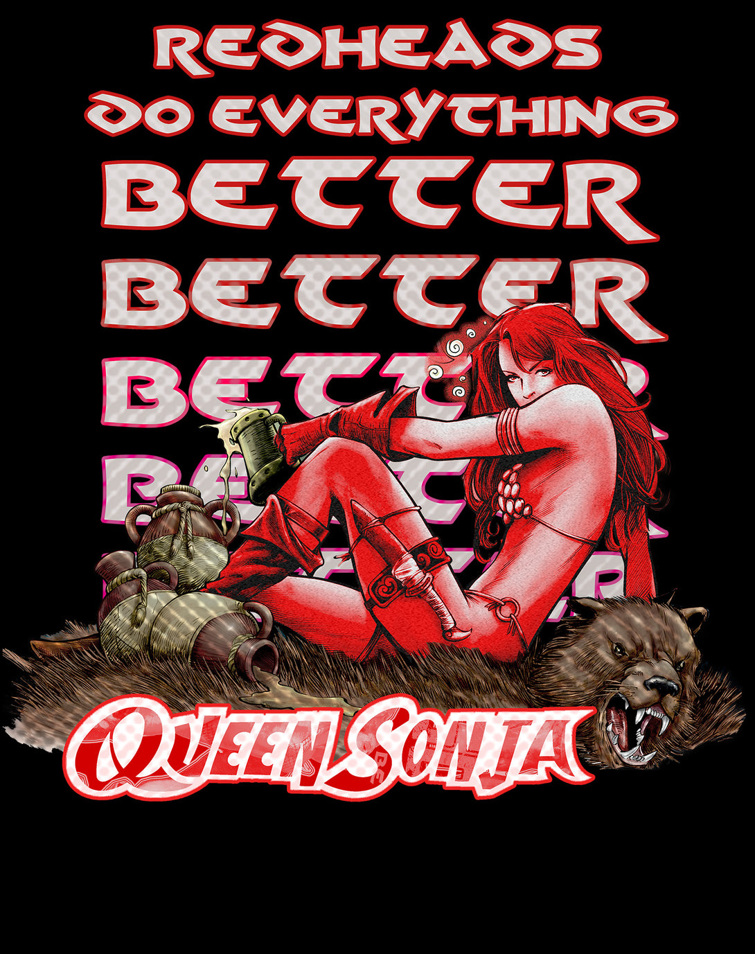 Red Sonja Meme Queen Redheads Do Everything Better Festival Official Men's T-Shirt Black Design Closeup