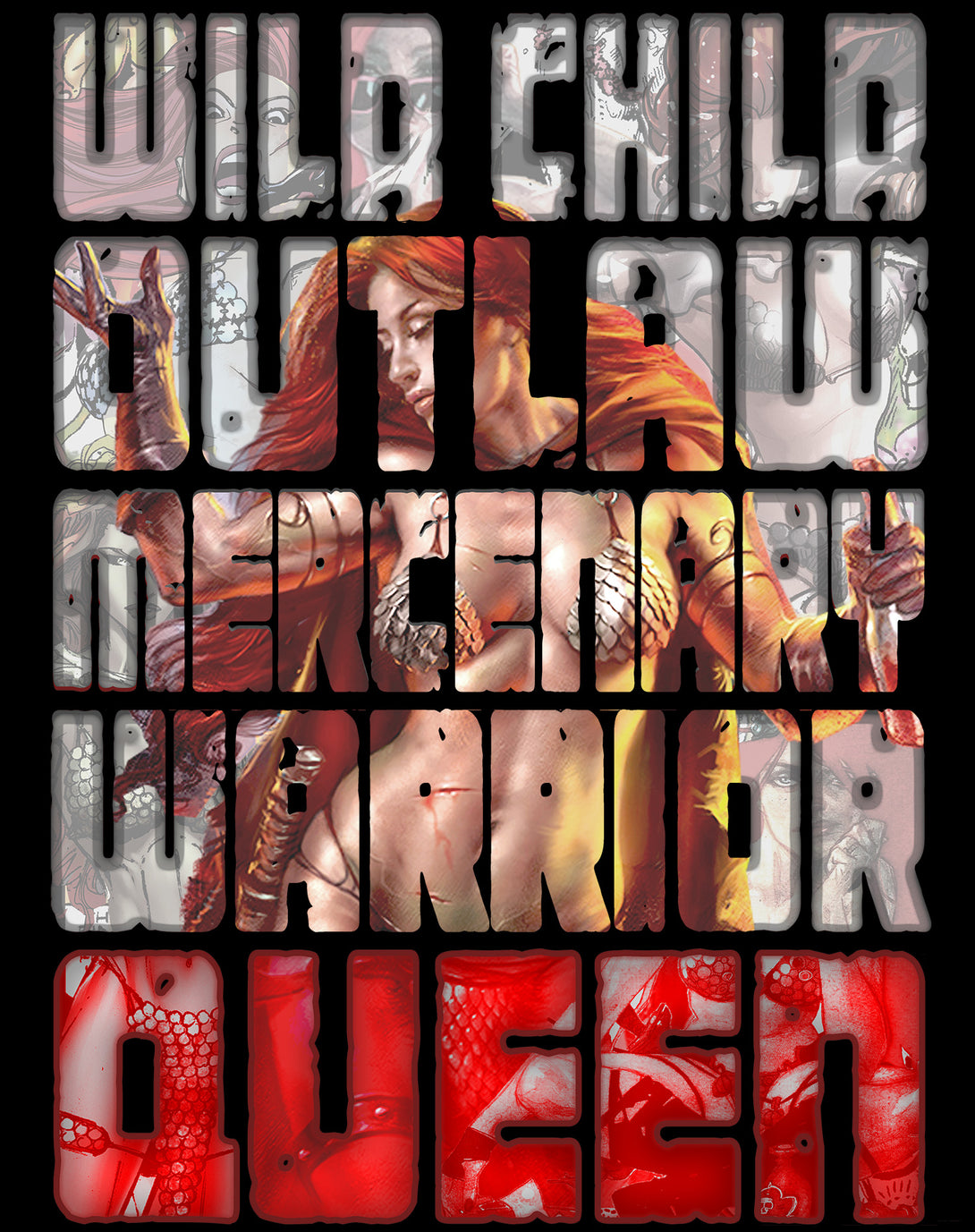 Red Sonja Poster Redhead Wild Child Warrior Queen Festival Official Women's T-Shirt Black Design Closeup