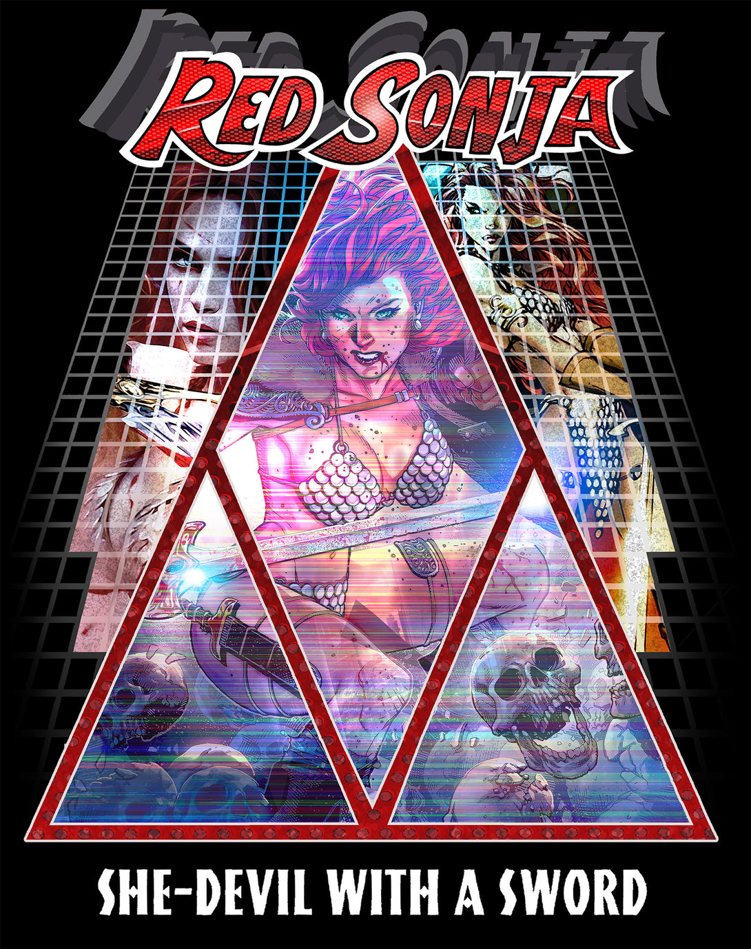 Red Sonja Poster Synthwave Redhead Epic Cyberpunk Retro 80s Official Women's T-Shirt Black Design Closeup