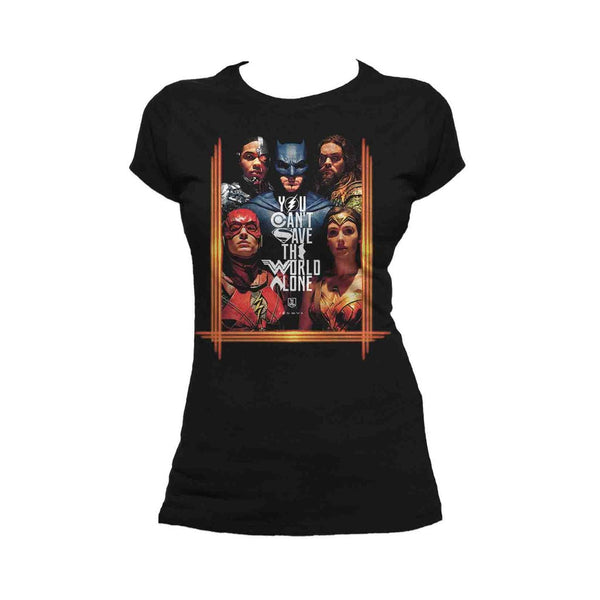 DC Justice League Poster Save The World Official Women's T-shirt (Black) - Urban Species Ladies Short Sleeved T-Shirt