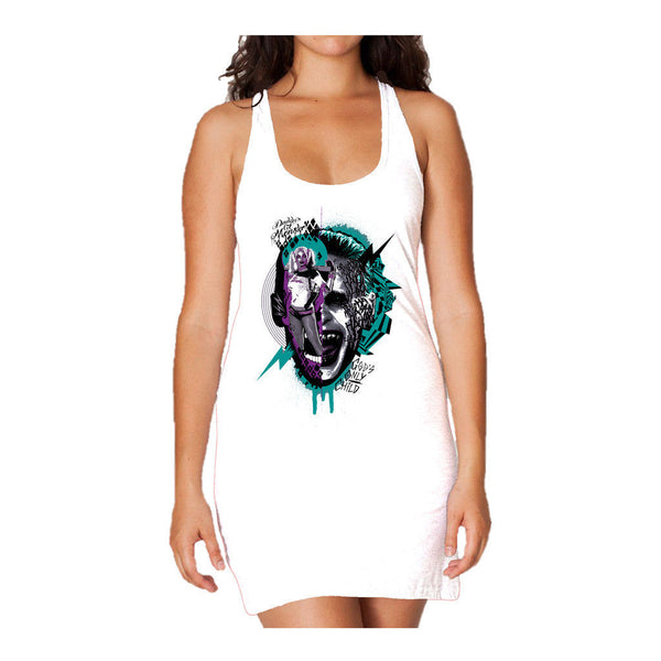 DC Suicide Squad Joker-Harley Quinn Collage Official Women's Long Tank Dress (White) - Urban Species Ladies Long Tank Dress