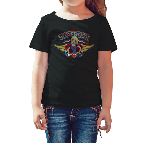 DC Comics Super Hero Girls Supergirl Logo Hips Framed Official Kid's T-Shirt (Black) - Urban Species Kids Short Sleeved T-Shirt