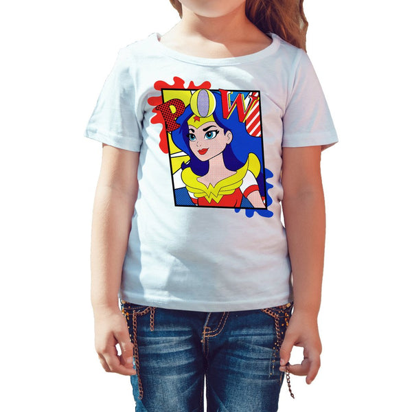 DC Comics Super Hero Girls Wonder Woman Pop Pow Official Kid's T-Shirt (White) - Urban Species Kids Short Sleeved T-Shirt